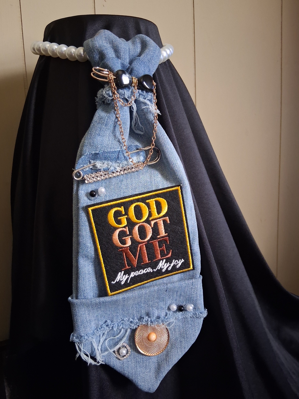 ✨ Custom Denim Statement Bowtie – “God Got Me” ✨